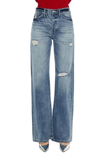 Kan Can Women's Distressed High Waist Bootcut Jeans