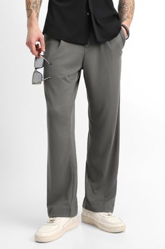 Image of SNITCH Men Casual Trousers | Loose Fit Pleated Front Plain Wide-Leg Style | Lightweight Polyester Blend Medium-Stretch Fabric for Summer & All-Day Comfort Wear