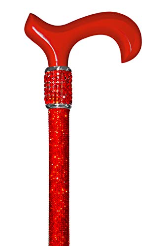 OrthoGlam “Broadway Red” Lightweight Crystal Rhinestone Bedazzled Fashion Cane – Fashionable Red Bling Wooden Walking Stick for Balance Assistance