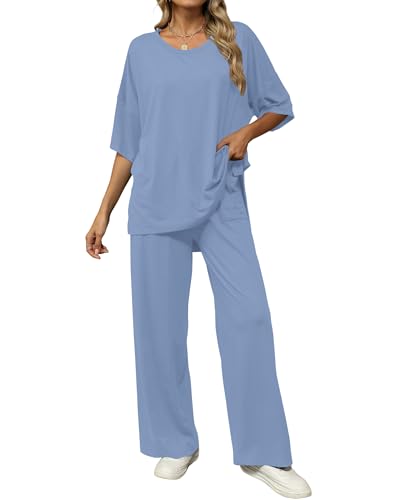 Image of KevaMolly 2 Piece Lounge Set for Women Postpartum Oversized Tops and Wide Leg Pants Soft Comfy Pajamas Set 2 Piece Outfits