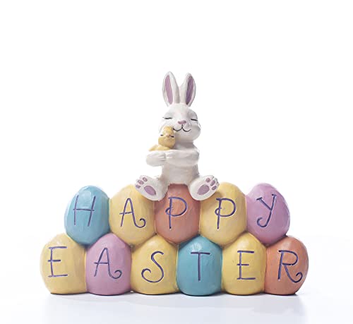 Harz-Osterhasen-Figur, handbemalt, Happy Rabbit Statue, cremefarbener Hase mit Eiern, für Familie, Sammlerstück für Heimdekoration, H 10,6 cm Cover