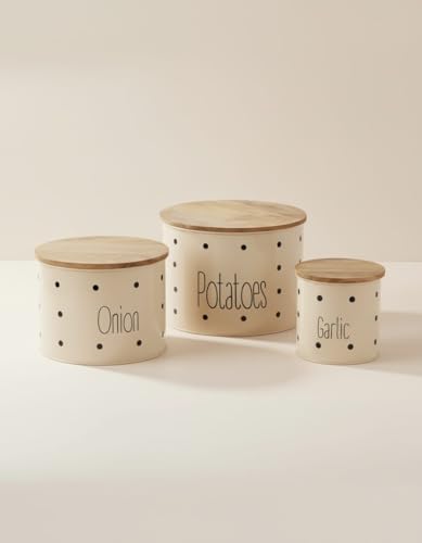 Image of Set of 3 Potato Onion & Garlic Storage Container For Kitchen | Storage Container For Kitchen Storage with Lid. (Ivory)