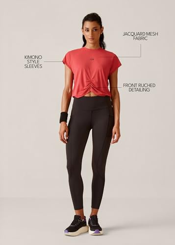 Image of STRCH Women's Regular Fit Activewear Crop T-Shirt | Round Neck Short Sleeve Gym Top | Stretch Workout T-Shirt for Yoga, Running & Training | Crop Length