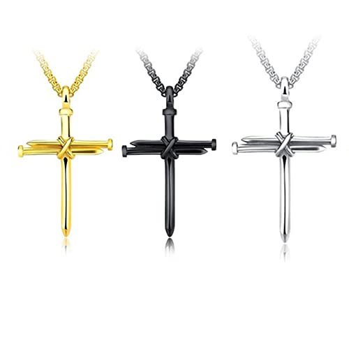 3 Hombre y Colgantes Cruz Crucifijo Mujer, Collar con Colgante de Cruz de Acero Inoxidable Simple para Hombres y Mujeres(Platino/Dorado/Negro) Cover