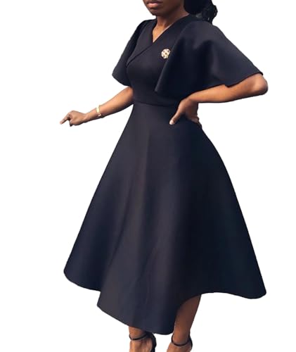 Image of SOMTHRON Women's Wrap V-Neck Ruffle Short Sleeve Midi Dress Elegant A Line Flowy Flared Cocktail Church Dress