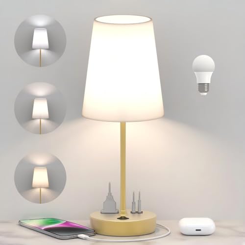 Image of Addtam Bedroom Table Lamp, Bedside Lamp with AC Outlet and USB C Charging Ports(PD 20W), 3-Way Dimmable Lamp with Switch, Lamps with Shade for Night Stands, Living Room, Desk, and Home Office, 6.5Ft