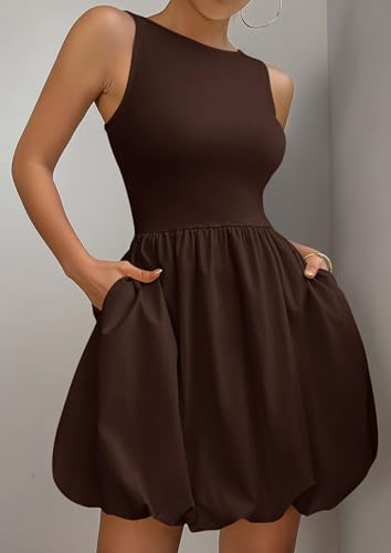Image of PRETTYGARDEN Summer Dresses for Women 2026 Casual Mini Short Cocktail Dress Sleeveless Tank Crew Neck Bubble Sundress Pockets