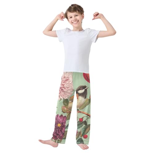 Spring Birds Peonies Boys Long Pants Soft Trousers Elastic Waist Kids Lounge Bottoms with Pockets S-XL2