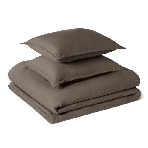 Image of Amazon Basics Brushed Microfiber Comforter Set, Extra Soft with Natural Texture, 3-Piece, Queen /Full, Brown, Oeko-TEX Certified, Machine Washable