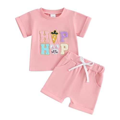 Baby Girl Easter Outfit Toddler T Shirt Shorts 2pcs Set Infant Bunny Matching Suit Newborn Boy Summer Clothes (H Easter Outfit Pink, 12-18 Months)