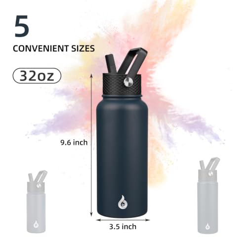 Image of BJPKPK Insulated Water Bottles with Straw Lid, 32oz Metal Large Water Bottle with 3 Lids, Reusable Leak Proof BPA Free Thermo, Stainless Steel Tumblers for Sports, Gym, Travel-Navy Blue