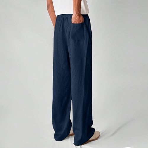 Men's Drawstring Cotton Linen Pants Lightweight Elastic Waist Sweatpants Casual Yoga Beach Pants with Pocket Loose4