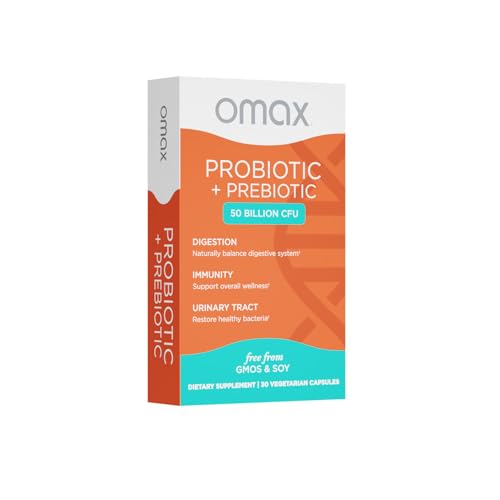 Omax Synbiotic Probiotic Prebiotic Inulin Chicory Root Fiber | 50 Billion CFU +10 Strains | Vegan, Therapeutic Grade, Dairy-Free, Blister Packed, Non-GMO, Gluten-Free, Soy-Free - 30 Vege-Caps
