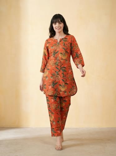 Image of Bee M Pee Designer Trendy Floral Printed Cotton Kurta Coord Sets for Women | Stylish Casual Tunic Kurti Set with Pant for Woman for Office