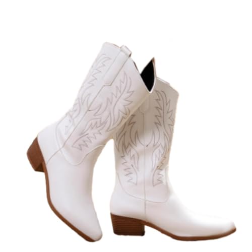 Cowgirl Boot for Women,Retro Classic Mid Calf Western Boots Embroidered Pointed Toe Chunky Block Heel Cowboy Boots