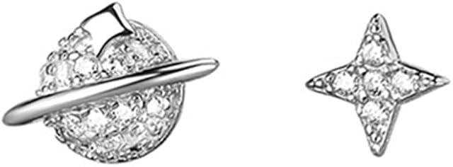 CZ Star Moon Planet Universe Asymmetrical Stud Earrings for Women Girls S925 Sterling Silver Cute Tragus Post Pin Nickel Free Earring Fashion Friendship Lucky Jewelry