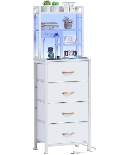 Furnulem Tall Night Stand 52.1 Inch LED Nightstand with Charging Station and USB Ports 4 PVC Fabric Drawers and 4 Tier Storage Shelf Bedside Table for Bedroom Dorm Office (White)