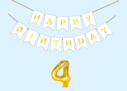 Image of 4th Happy Birthday Decoration Kit White for 4 year Old Boys Girls Baby with Number Four Party Decorations Decor Celebration Items Item Set Combo Reusable Paper Banner
