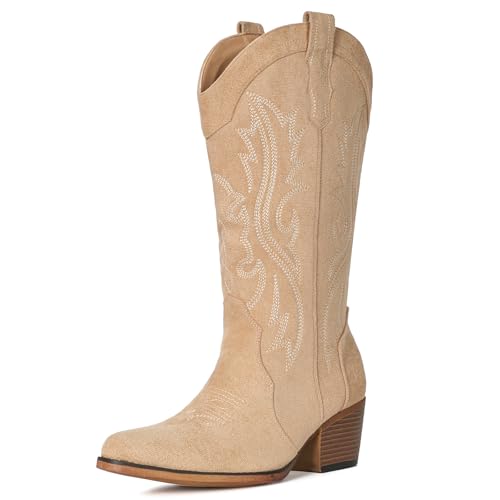 Image of IUV Cowboy Boots For Women Western Cowgirl Boots with Chunky Heel Mid Calf Snip Toe Ideal for low insteps