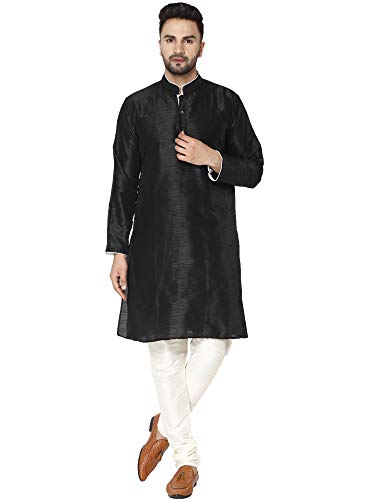 SKAVIJ Mens Indian Kurta Pajama Set Art Silk Evening Attire Casual Trendy Regular Fit Outfit (X-Large, Black)