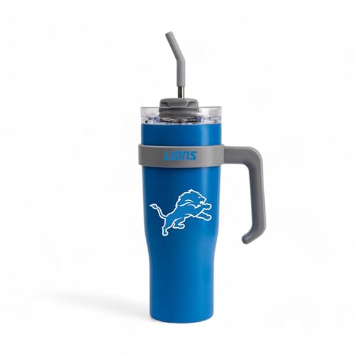 Image of The Memory Company Officially Licensed 46oz Team Color Slim Tumbler with Straw and Handle, Detroit Lions