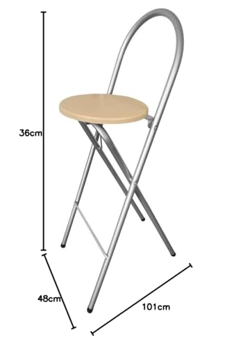 KMH Barhocker Bill klappbar – 73,5 cm Sitzhöhe, Stahlgestell Silber, MDF Sitz mit Buchendekor, mit Rückenlehne & Fußstütze, platzsparend & stabil, ideal für Küche, Bar & Events