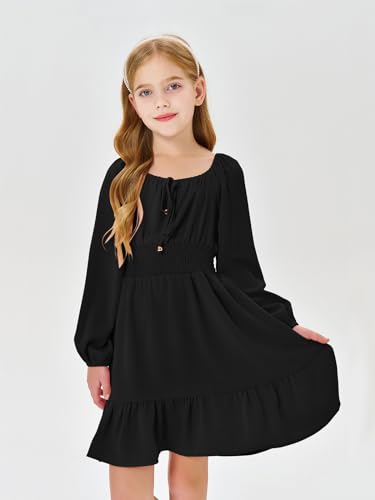 Girls Long Sleeve Square Neck Casual Boho Smocked Short Dresses 5-14 Years2