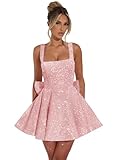 Bolodoo Cute Short Sequin Homecoming Dresses for Teens Blush Pink Square Neck Bow Back Prom Cocktail Party Gown Size 8