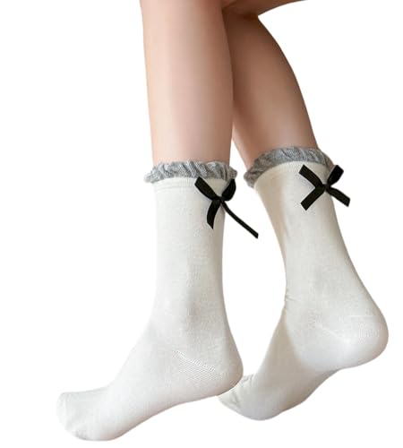 Image of Women's Bow Crew Socks - Cotton Sweet Lolita Dress Breathable Soft Girls' Socks - 3 Pairs