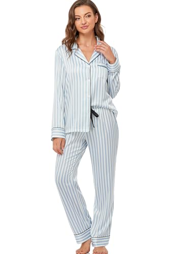 Image of Serenedelicacy Women's Satin Pajama Set Long Sleeve Button Down Sleepwear 2-Piece Silky Pj Set