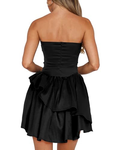 Image of HYPERFIRE Women's Strapless Tube Satin Mini Dress Tiered Layered A-Line Short Formal Dresses