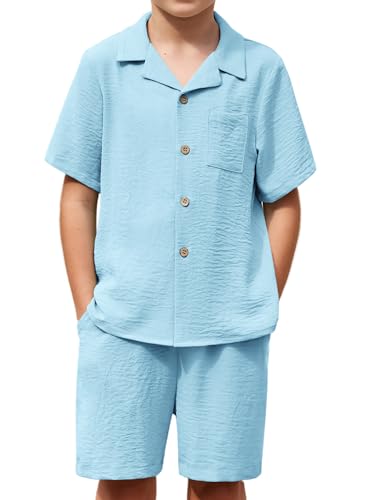 Image of Arshiner Boys 2 Pieces Summer Beach Outfits Short Sleeve Button Down Shirts and Shorts Vacation Texture Sets for Kids
