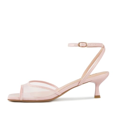 Image of ISNOM Women's Mesh Square Toe Kitten Heel Sandals Ankle Strap Dress Shoes | Kitten Heels with Mesh Upper, Square Toe, Low Heels Comfort Design, Stylish Dress Sandals for Daily Wear