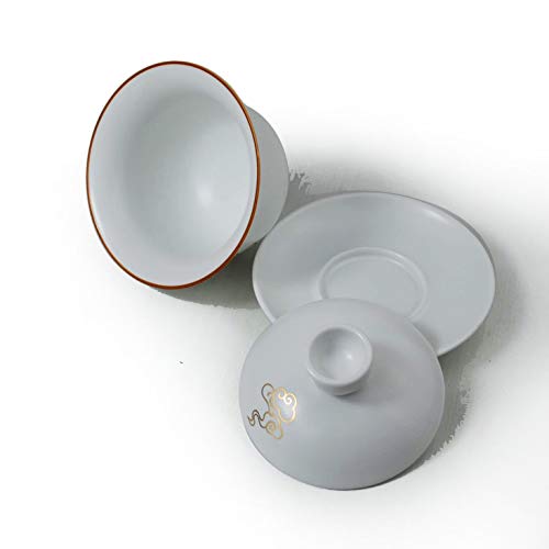 Image of Liang baobao Gaiwan 8oz Porcelain Teacup White Glazed with Golden Rim Tureen Chinese Gongfu Tea Cup Sancai Cover Bowl Lip Cup Saucer Set (Auspicious clouds)