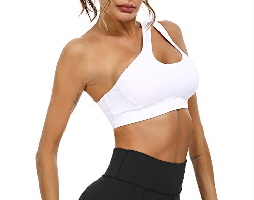 Sykooria Womens One Shoulder Sports Bras Workout Yoga Bra Sexy Cute Medium Support White - Image 4