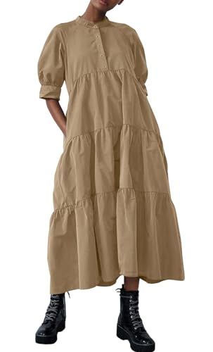 Image of chouyatou Women's Summer Puff Sleeve Maxi Tiered Babydoll Dress Casual A-Line Swing Long Shirt Dress