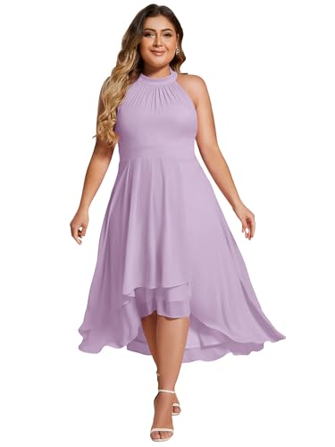 Image of Ever-Pretty Plus Women's Sleeveless Halter A Line Pleated High Low Plus Size Wedding Guest Cocktail Dresses 31926-DA