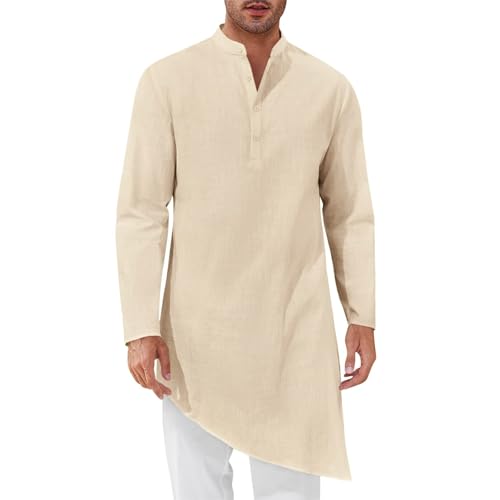 Mens Kaftan Thobe Cotton Linen Muslim Tunic Shirt Long Sleeve Stand Collar Button Up Robe Casual Dress Gown Arabic Clothing 02 Khaki Medium