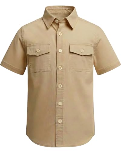 Todbiccz Boys Button Down Shirt Short Sleeve 100% Cotton Casual Button Up Shirt with Flip-Top Double Pockets (6-14 Years) Beige