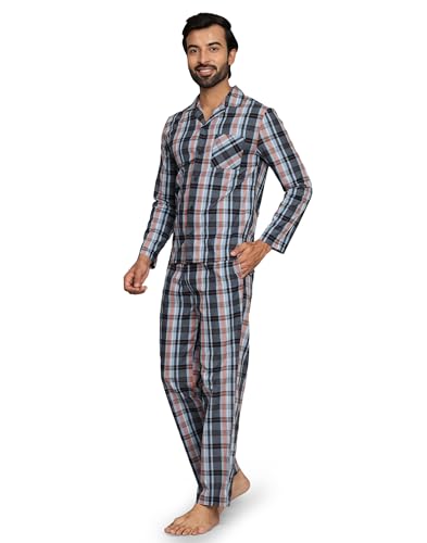 Image of B STORIES Men's 100% Cotton Full Sleeve PJ Set - Checkered Nightwear Set | Soft Loungewear | Comfortable Sleepwear | Stylish Casual Home Wear Shirt & Pant (S-XXL)
