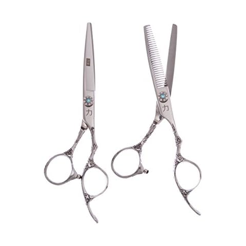 ShearsDirect 6.0 Inch Cutting and 30 Tooth Thinning Shear with Engraved Rose Finger Rest, 4.6 Ounce Cover
