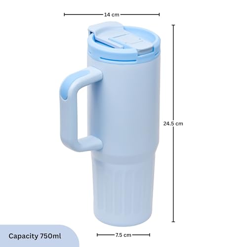 Image of FLAIR Vogue Vacuum Insulated Stainless Steel 750 ml Tumbler with Handle | 2-in-1 Lid with Flip Straw & Sip Spout -Blue | Hot & Cold Beverage Mug | Leak Resistant