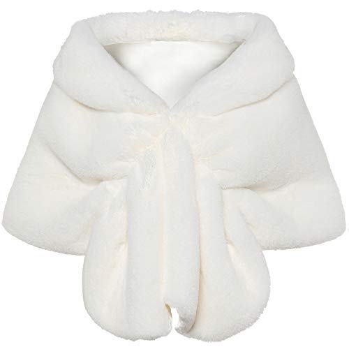 BABEYOND Womens Faux Fur Collar Shawl Faux Fur Scarf Wrap Evening Cape for Winter Coat (White, Small)