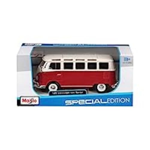 Maisto VW Bus Samba Modellauto im Maßstab 1 25, Türen und Heckklappe zum Öffnen, 20 cm, Farbe wird nach dem Zufallsprinzip versendet, Farblich Sortiert, Blau