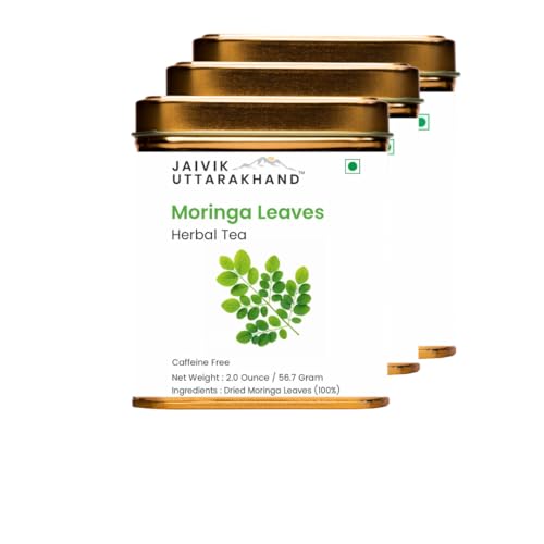 Image of Jaivik Uttarakhand - Moringa Herbal Tea (170.1 g), Dried Drumstick Tree Leaves, antioxidant rich, Sweet, Floral Taste, Pack of 3 Tin Can