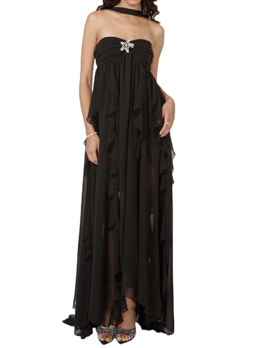 Image of Women Y2k Backless Long Dress Halter Tie Neck Maxi Dress Flowy Beach Sundress Summer Streetwear