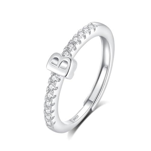 INFUSEU Anillo Inicial, 925 Plata De Ley Ajustable Letra B Anillos Apilables Alfabeto Mayúscula Joyería Personalizada Cumpleaños Regalo Dama Mujeres Niñas