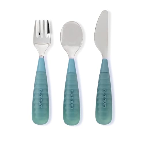 NumNum Toddler Utensils Set, 4th Stage Kids Silverware for 2+ Years, Pre-Spoon, Fork, Spoon & Knife GOOtensils with Stainless Steel Heads, BPA-Free Silicone Toddler Feeding Essentials, 3-Pack Green