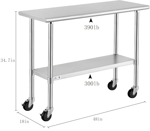 Image of ROCKPOINT Stainless Steel Table for Prep & Work with Caster Wheels 18x48 Inches, NSF Metal Commercial Kitchen Heavy Duty Table with Adjustable Under Shelf and Table Foot for Restaurant, Home and Hotel