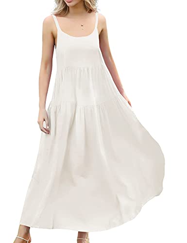 YESNO Women's 2023 Summer Casual Loose Dresses Sleeveless Maxi Bohemian Floral Dress Spaghetti Strap Sundress with Pockets XL E75 UK White